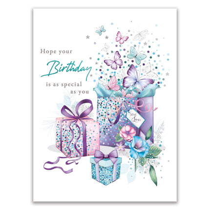 Birthday Card for Women - Pretty Floral Butterflies & Presents Design - Premium Greeting Card with Envelope