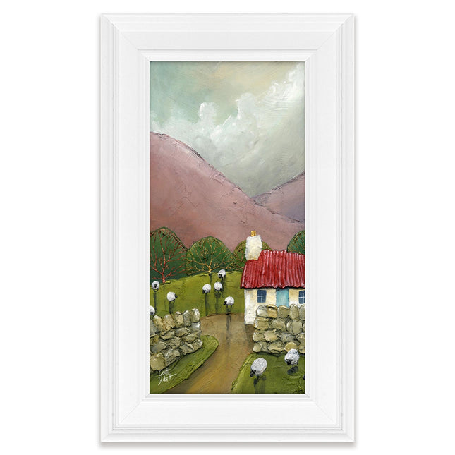 Artistic Sheep & Cottage Framed Print Wall Art - 'The Blue Door' by Geoff Beckett - Countryside Themed Artwork - Ready to Hang Home Décor - 29cm x 49cm
