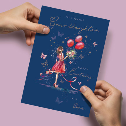 Birthday Card for Granddaughter - Elegant Girl & Floral Butterfly Design - Premium Greeting Card with Envelope
