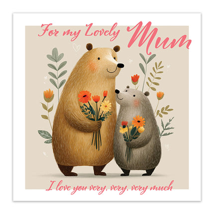 Card for Lovely Mum - Cute Bears & Flowers Design - Premium Greeting Card with Envelope - Blank Inside - Suitable for Birthday or Mother's Day - Eco-Friendly & Recyclable