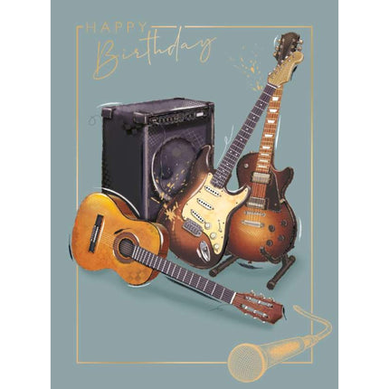 Guitar Birthday Card for Men - Guitar and Amplifier Design - Embossed Foil Finish - Music-Themed Greeting Card