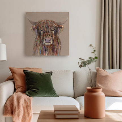Artistic Highland Cow Canvas Wall Art - 'Bold Cow' by Louise Luton - Farm Animal Themed Artwork - Ready to Hang Home Décor - 40cm x 40cm