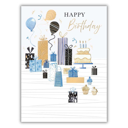 Birthday Card for Men - Stylish Cake and Gifts Design - Embossed Foil Finish - Happy Birthday Card for Him