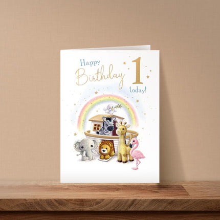 1st Birthday Card for Boys - Age 1 Cute Animals & Ark Design - Embossed Gold Foil Finish - Milestone Premium Greeting Card with Envelope