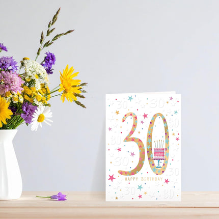 30th Birthday Card for Her - Lovely Cake & Stars Design with Embossed Foil Finish, Eco-Friendly & Made in the UK