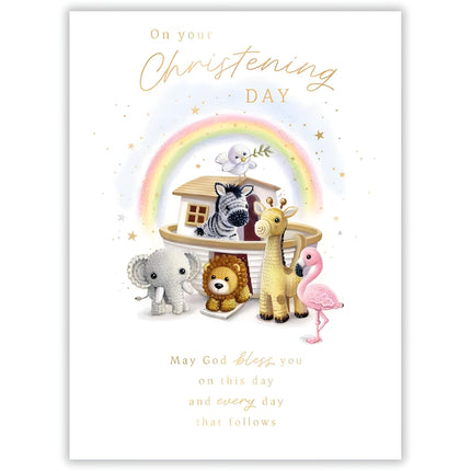 Christening Congratulations Card - Christening Card with Noah's Ark Animals Design and Embossed Foil Details - Card for Boys or Girls