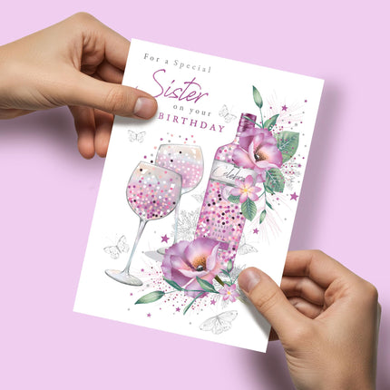 Birthday Card for Sister - Pretty Floral Wine Design - Premium Greeting Card with Envelope