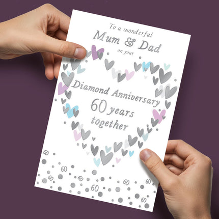 Diamond 60th Wedding Anniversary Card for Mum & Dad – Big Text & Hearts Design