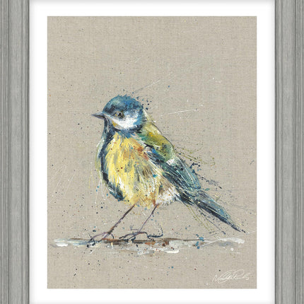 Blue Tit Bird Framed Print Wall Art - Animal Themed Home Decor - Nicola Jane Rowles Artwork - Ready to Hang 'Blue' Painting - 35 x 29 cm