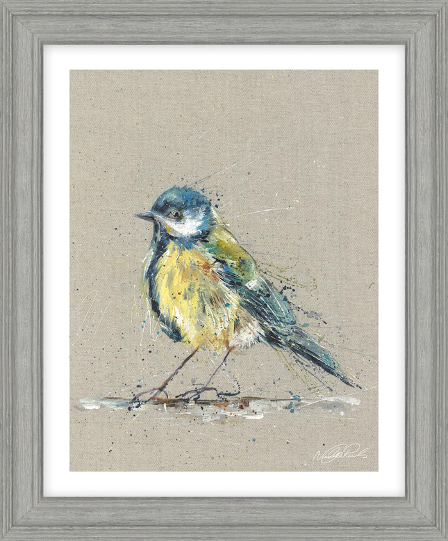 Blue Tit Bird Framed Print Wall Art - Animal Themed Home Decor - Nicola Jane Rowles Artwork - Ready to Hang 'Blue' Painting - 35 x 29 cm