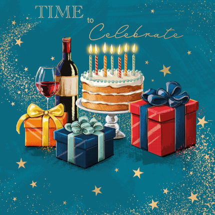 Birthday Card for Men - Stylish Cake & Wine Design - Premium Birthday Greeting Card with Envelope