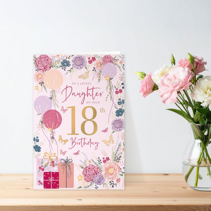 18th Birthday Card for a Lovely Daughter, Pretty Floral Balloons