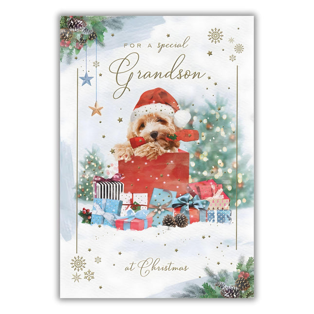 IC&G Christmas Card for Grandson - Cute Puppy Dog in Santa Hat - Foil Finish - Premium Quality Special Festive Christmas Greeting Card with Envelope