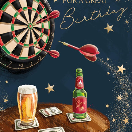 Birthday Card for Men - Sporty Darts & Beer Design - Embossed Gold Foil Finish - Premium Greeting Card with Envelope