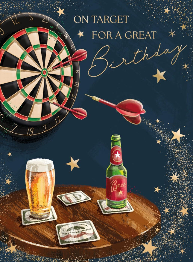 Birthday Card for Men - Sporty Darts & Beer Design - Embossed Gold Foil Finish - Premium Greeting Card with Envelope