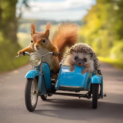 Funny Birthday / Blank Greeting Card - Blank Card for Men / Women with Humorous Hedgehog and Red Squirrel Motorbike Design - General Card Suitable for Any Occasion