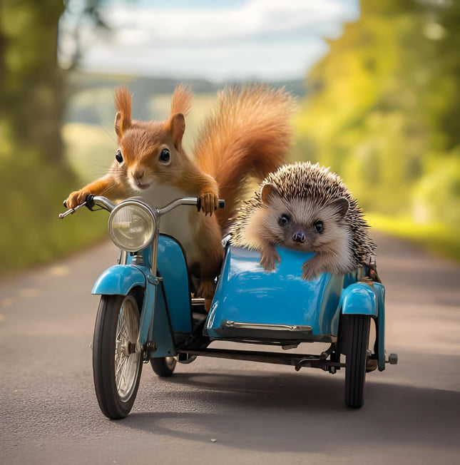 Funny Birthday / Blank Greeting Card - Blank Card for Men / Women with Humorous Hedgehog and Red Squirrel Motorbike Design - General Card Suitable for Any Occasion