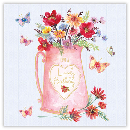Birthday Card for Women - Floral Jug and Butterfly Design - Pretty Birthday Greeting Card