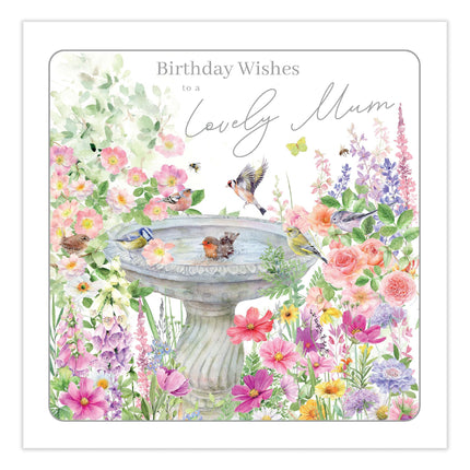 Birthday Card for Mum - Pretty Floral Bird Bath Design - Premium Greeting Card with Envelope
