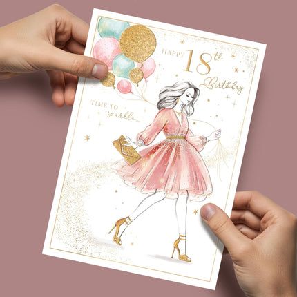 18th Birthday Card for Girls - Age 18 Stylish Girl & Balloons Design - Embossed Gold Foil Finish - Premium Greeting Card with Envelope