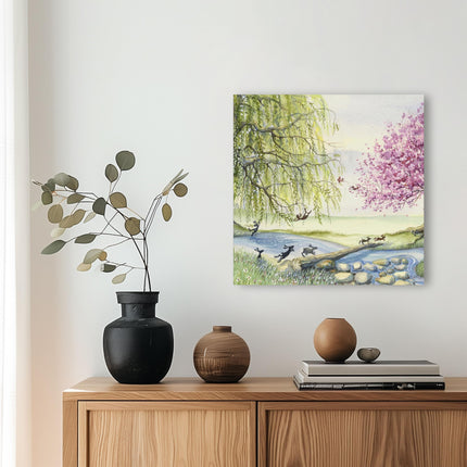 Rabbits in the Countryside Canvas Wall Art - Artistic 'Racing Home' by Catherine Stephenson - Animal Themed Artwork - Ready to Hang Quirky Home Décor Painting - 40 x 40cm