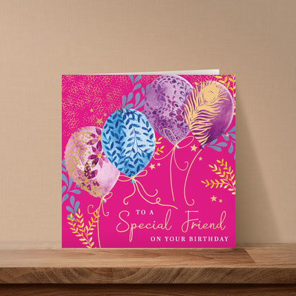 Birthday Card for Special Friend - Lovely Floral Balloon Design - Embossed Gold Foil Finish - Premium Greeting Card with Envelope