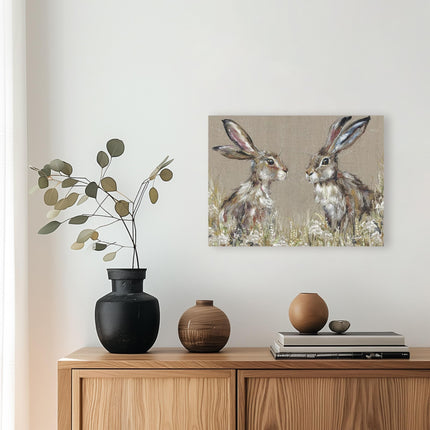 Artistic Hares & Wildflowers Canvas Wall Art - 'Hartley & Harriet' by Nicola Jane Rowles - Charming Animal Print - Ready to Hang Home Décor - 30cm x 40cm