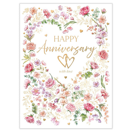 Congratulations Anniversary Card - Romantic Floral Love Heart Design - Embossed Gold Foil Finish - Premium Greeting Card with Envelope