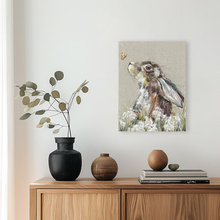 Artistic Hare & Butterfly Canvas Wall Art - 'Bella' by Nicola Jane Rowles - Wildlife Themed Artwork - Ready to Hang Home Décor - 30cm x 40cm