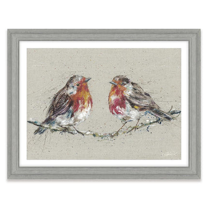 Redbreast Robins Framed Print Wall Art- 'Morning Gossip' by Nicola Jane Rowles - Contemporary Wildlife Picture - Ready to Hang Home Décor - 45cm x 35cm