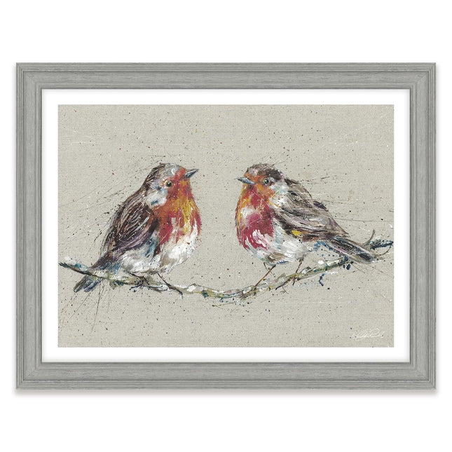Redbreast Robins Framed Print Wall Art- 'Morning Gossip' by Nicola Jane Rowles - Contemporary Wildlife Picture - Ready to Hang Home Décor - 45cm x 35cm
