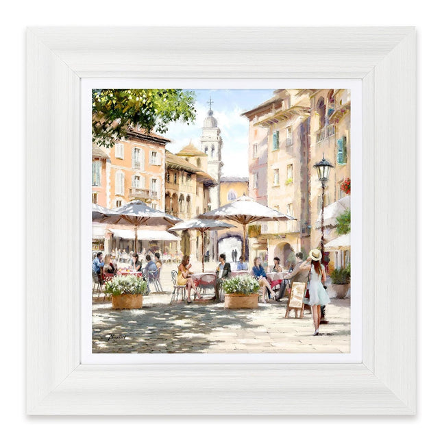 Mediterranean Street Cafe Framed Print Wall Art - ‘Courtyard Cafe I’ by Richard Macneil - Rustic Town Picture - Ready to Hang Home Décor - 41cm x 41 cm
