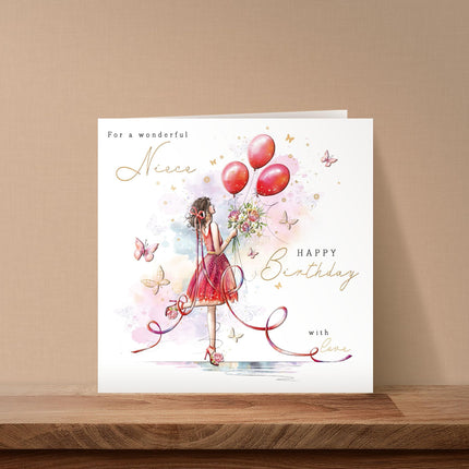 Birthday Card for Niece - Pretty Floral Butterflies & Balloons Design - Embossed Gold Foil Finish - Premium Greeting Card with Envelope