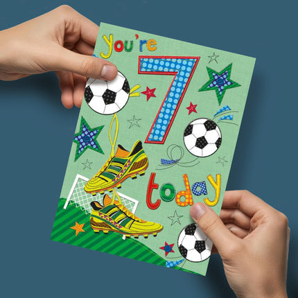 7th Birthday Card for Boys - Age 7 - Sporty Football Design - Embossed Metallic Finish - Premium Greeting Card with Envelope
