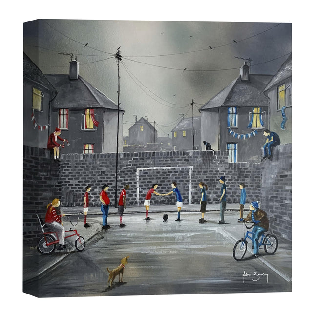 Football Game Canvas Print Wall Art - 'Derby Day' by Adam Barsby - Nostalgic Childhood Street Themed Artwork - Ready to Hang Home Décor - 40 x 40cm