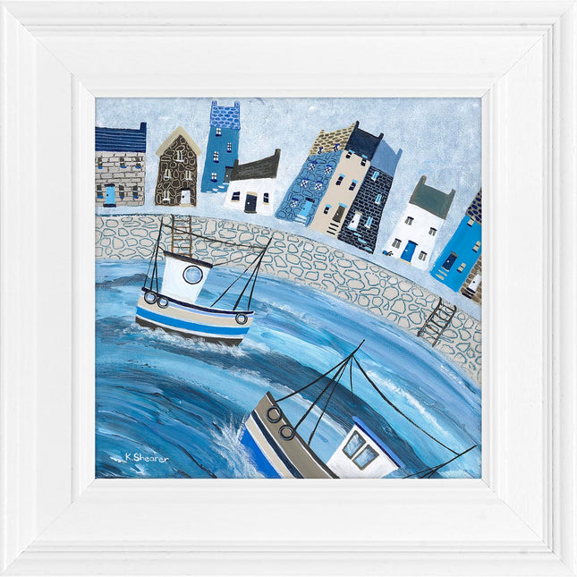 Nautical Harbour Framed Print - Artistic Wall Art - 'Out for the Catch' by Kerry Shearer - Modern Coastal Picture - Ready to Hang Home Décor - 33cm x 33 cm
