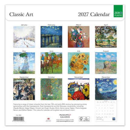 Classic Art 2027 Calendar - Month to View Wall Calendar UK - 2027 Wall Planner and Personal Organiser for Home and Family