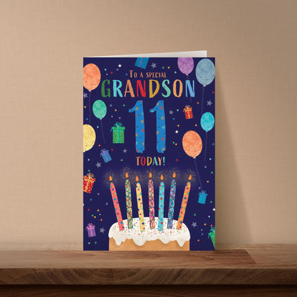 11th Birthday Card for Grandson - Age 11 Fun Cake & Balloons Design - Premium Greeting Card with Envelope