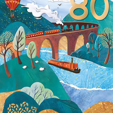 Male 80th Birthday Card - Happy Birthday Card for Men Age 80 with Artistic Steam Train and Countryside Design with an Embossed Foil Finish