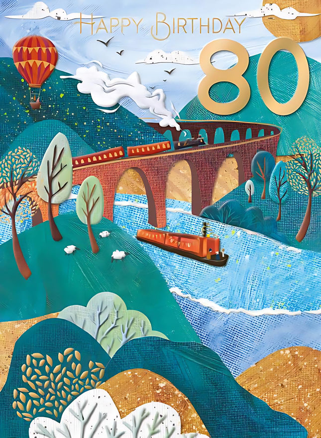 Male 80th Birthday Card - Happy Birthday Card for Men Age 80 with Artistic Steam Train and Countryside Design with an Embossed Foil Finish