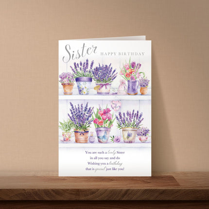 Birthday Card for Sister - Pretty Floral Design - Silver Foil Finish - Premium Greeting Card with Envelope