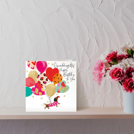 Birthday Card for Granddaughter, Dachshund Dog & Balloons