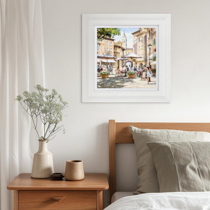 Mediterranean Street Cafe Framed Print Wall Art - ‘Courtyard Cafe I’ by Richard Macneil - Rustic Town Picture - Ready to Hang Home Décor - 41cm x 41 cm