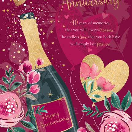 Ruby Wedding Anniversary Card - 40 Years - Elegant Champagne, Love Hearts & Roses Design - Gold Foil Finish - Premium Greeting Card with Envelope