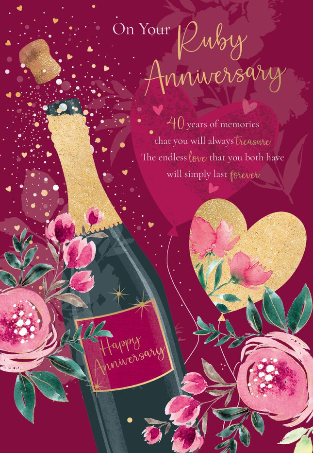 Ruby Wedding Anniversary Card - 40 Years - Elegant Champagne, Love Hearts & Roses Design - Gold Foil Finish - Premium Greeting Card with Envelope