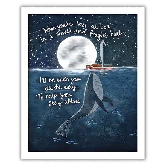 Whale and Fox Ocean at Night Framed Wall Art Print - 'Stay Afloat' by Fox Under The Moon - Thoughtful Support & Encouragement Picture - 26 x 32cm Frame