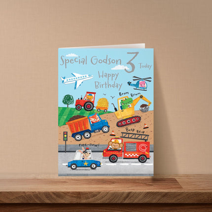 3rd Birthday Card for Godson - Age 3 Cute Animal & Vehicle Design with Trucks, Diggers & Emergency Transport - Premium Greeting Card with Envelope