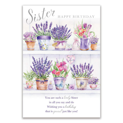 Birthday Card for Sister - Pretty Floral Design - Silver Foil Finish - Premium Greeting Card with Envelope