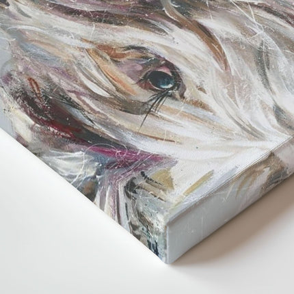 Artistic Highland Cow Canvas Wall Art - 'Ada' by Nicola Jane Rowles - Farm Animal Themed Artwork - Ready to Hang Home Décor - 40cm x 40cm