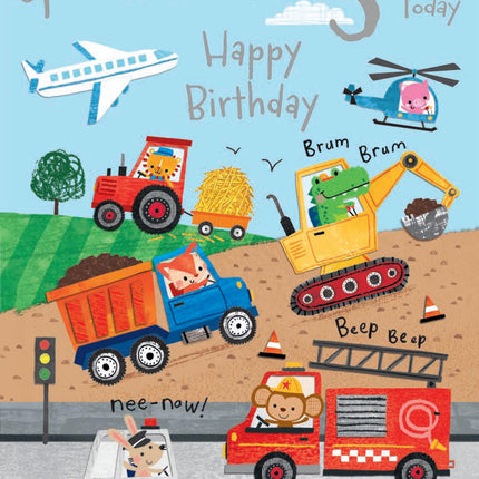 3rd Birthday Card for Godson - Age 3 Cute Animal & Vehicle Design with Trucks, Diggers & Emergency Transport - Premium Greeting Card with Envelope